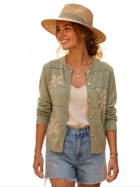 Classic Cottagecore Sage Green Floral Beaded Cardigan Unique Buttons SZ S